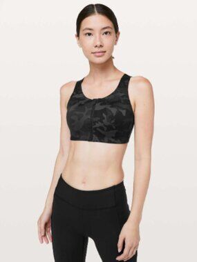 Lululemon Enlite Front Zip Sports Bra 36DD Black Camo High Impact Running